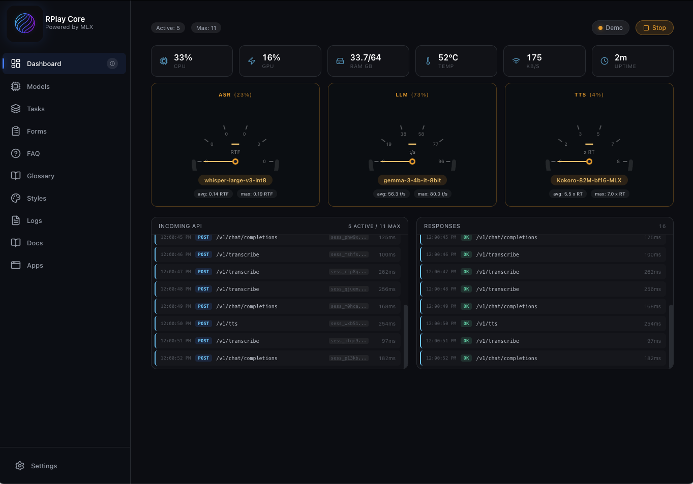 RPlay Core Dashboard - Real-time AI monitoring with ASR, LLM, and TTS